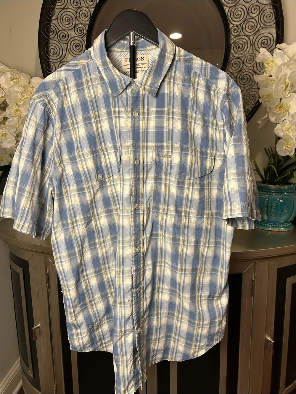 Filson Light Blue and White Plaid Short-Sleeve Button-Down Shirt